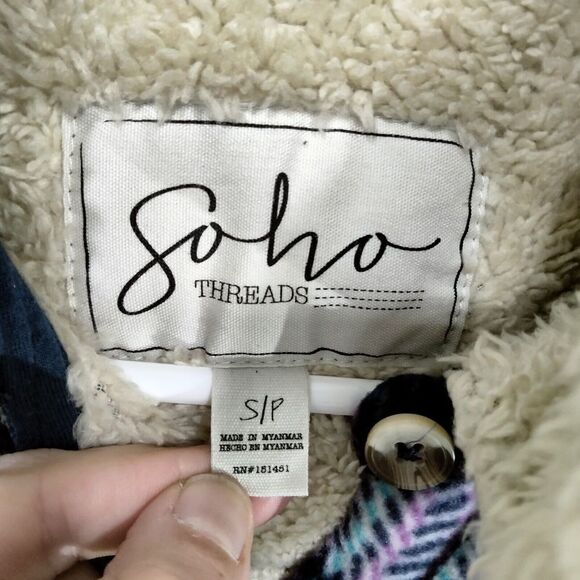 Soho Threads Button Down Jacket Womens Size S Purple White Plaid Sherpa Lined - Picture 8 of 13